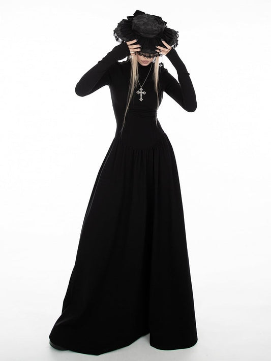 Black A-Line High-Neck Dress with Gothic Thumbhole Cuffs