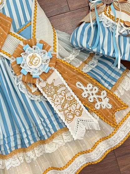 Striped Low Waist Sailor Lolita Dress with Embroidered Collar - Twin Bear Original Design
