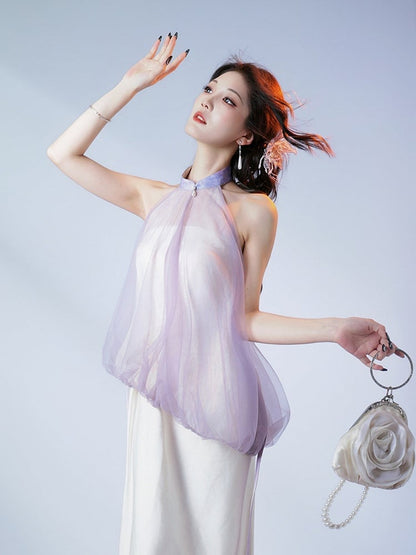 Satin A-Line Chinese Style Floral Slip Dress - sijinstudio
