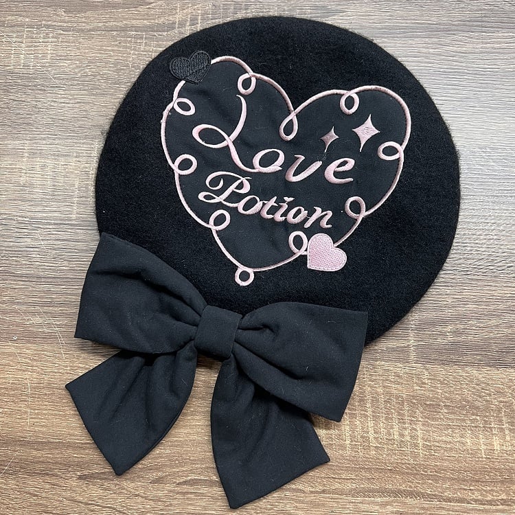 Black Bow Accents Heart Beret Embroidered Lolita Pink with