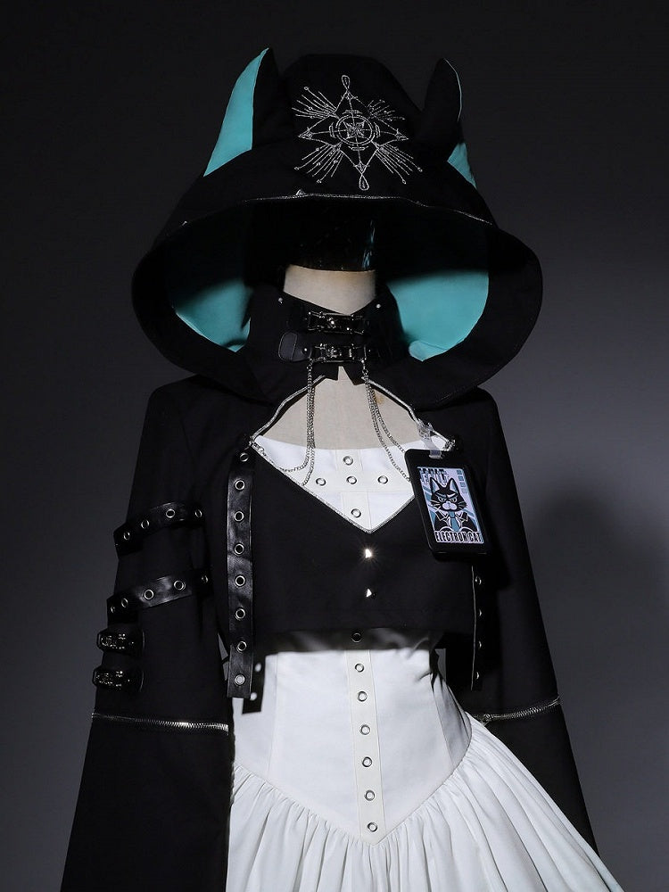Cropped Long-Sleeve Hoodie Top with Cat Ears, Metal Buckles in Black & Blue - Xiong Dou Jiang