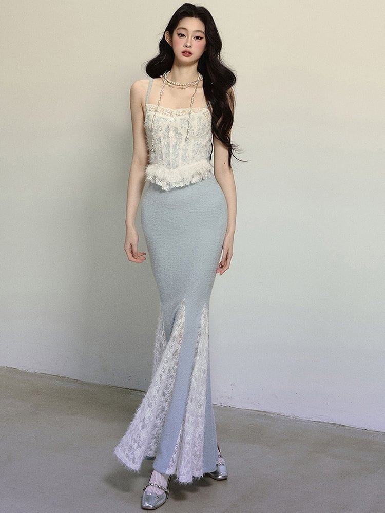 ブルークロシェレースコルセットボディスレースパッチワークマーメイドスカートマキシドレス