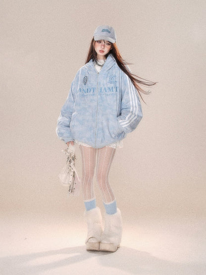 Dicke Wendejacke mit Kapuze und rosa-blauem Buchstabenmuster