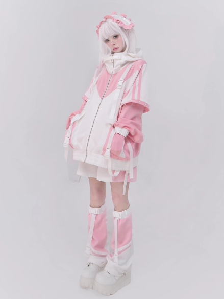 und mit übergroßem weißen Verschluss Techwear Details Colorblock Pink Fit Jacke Snap