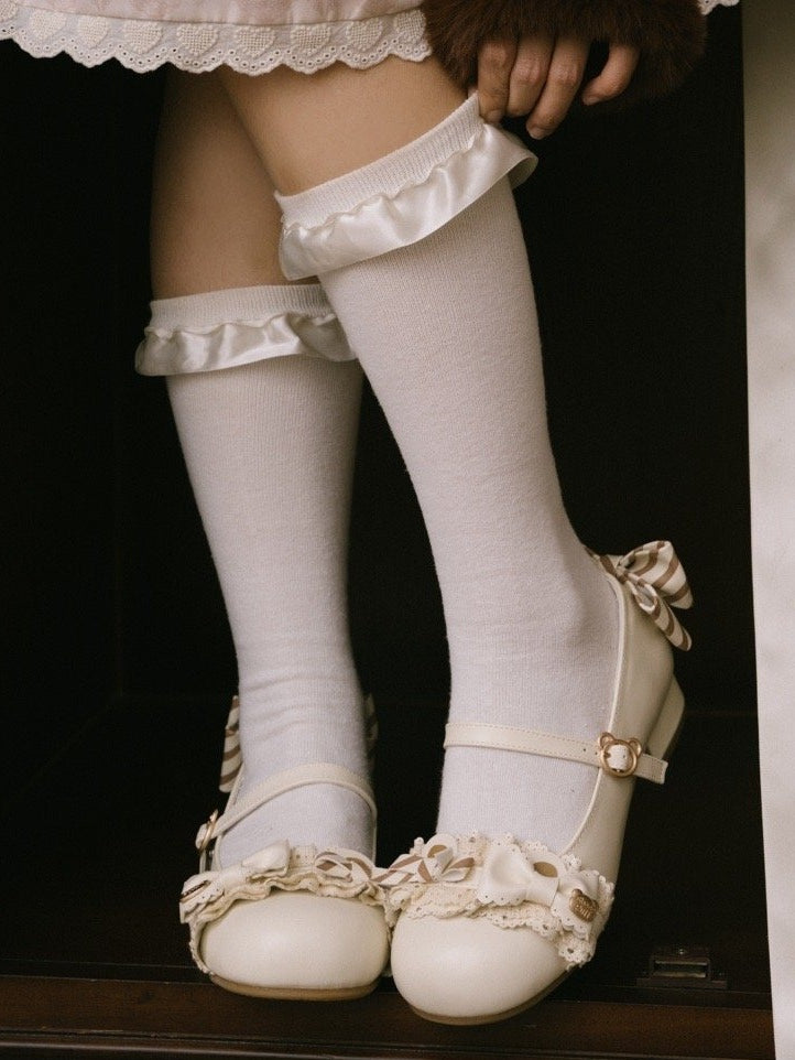Adorable Bear Mary Off-white Ears Janes Low-heel PU with