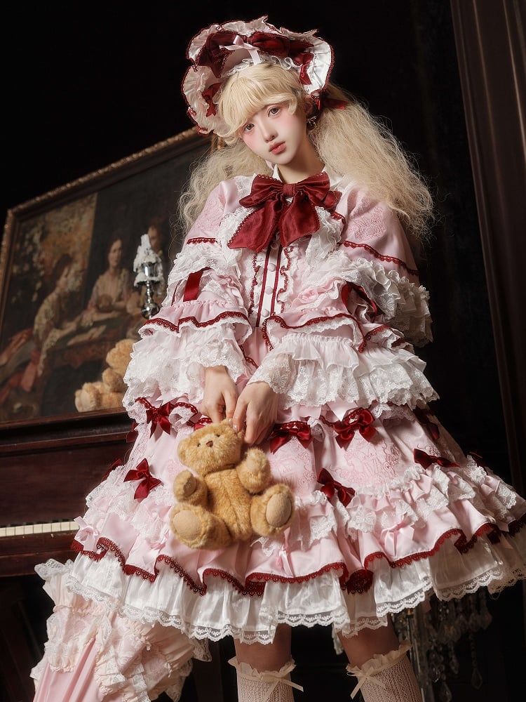 Strawberry OP Dress and Pink Embroidery Teddy Bows Lolita Set Sweet Full
