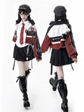 Red Cropped Embroidered Zipper Applique Jacket Moto-Inspired Accents with White