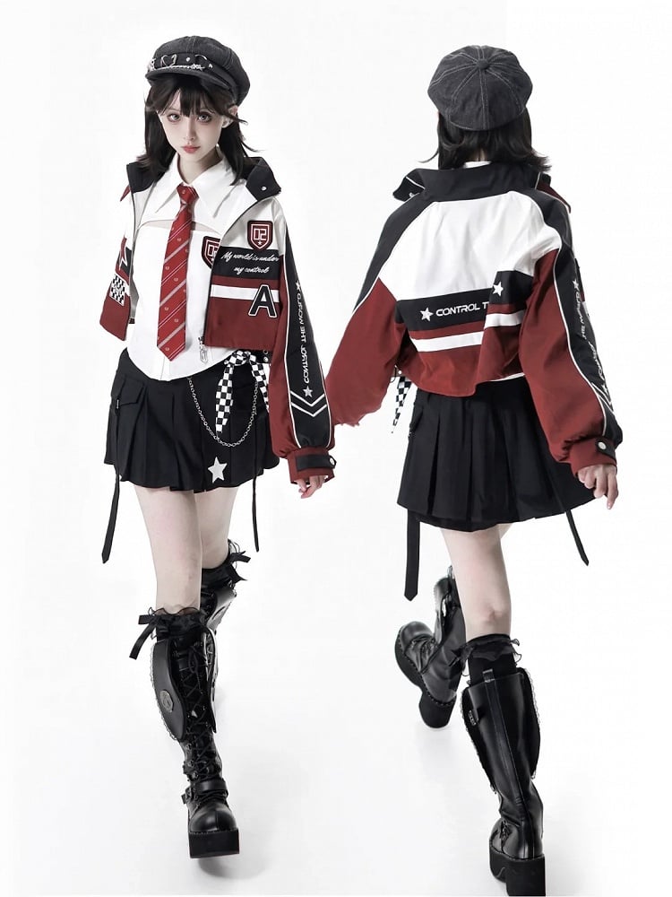 Red Cropped Embroidered Zipper Applique Jacket Moto-Inspired Accents with White