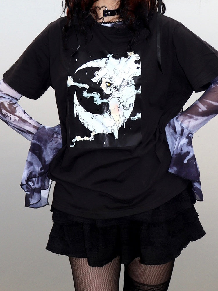 プリントTシャツ ブラック ショート ギャル 漫画 ファッション 袖