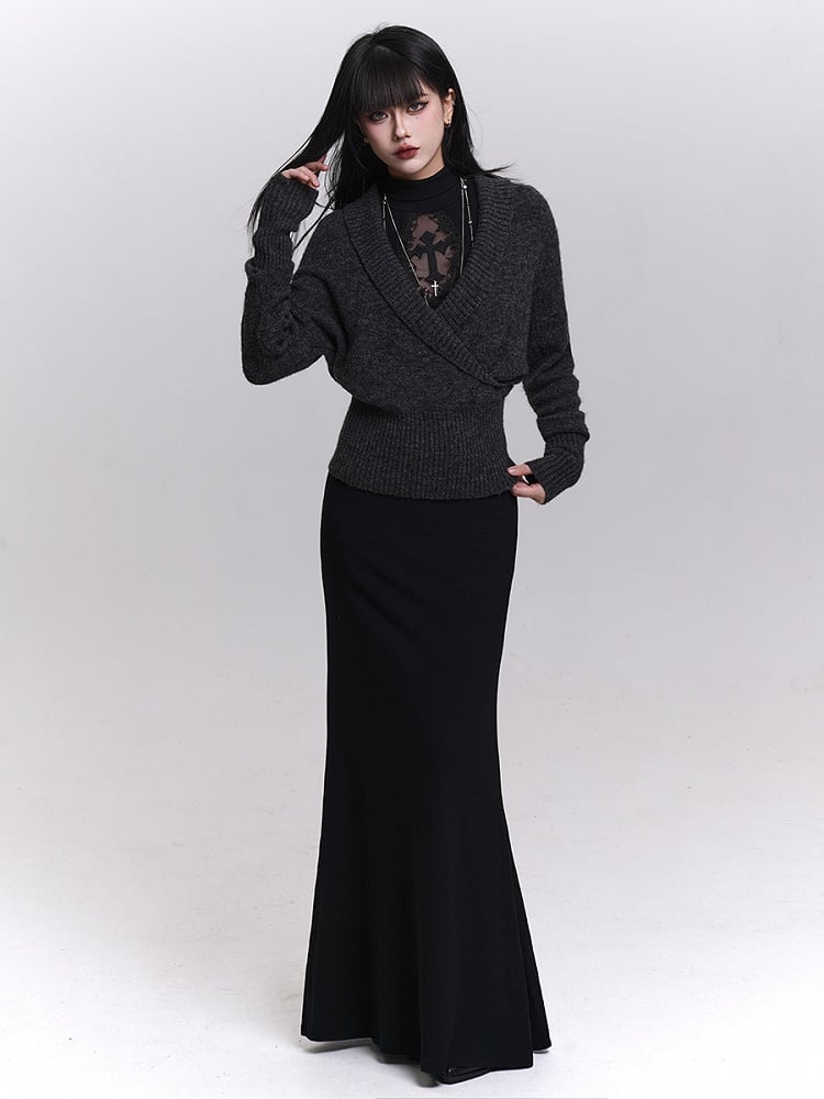 Dark Gray Wrap V-Neck Knit Pullover Sweater - Slim Fit