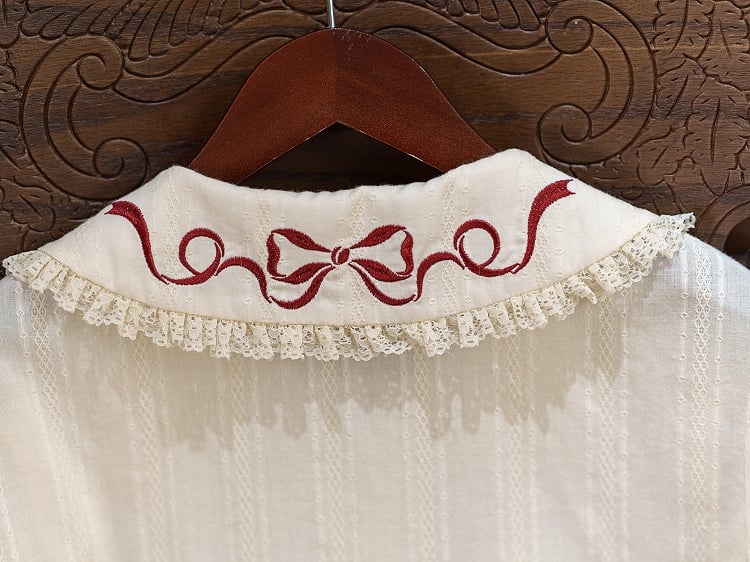 Cream Short Sleeve Lolita Blouse with Red Strawberry Embroidery Collar - Dream Magic Box