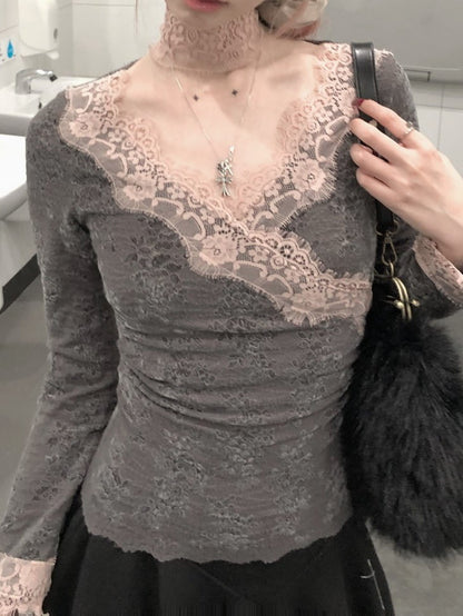 Lace Long Pink Trim Sleeve Top Gray Crossover