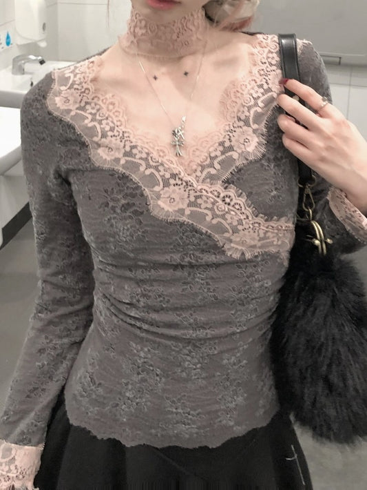 Lace Long Pink Trim Sleeve Top Gray Crossover