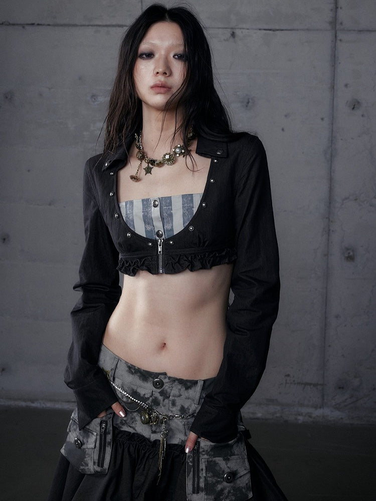 Gray Shirt: Length Underbust Vintage with Cropped Punk Black