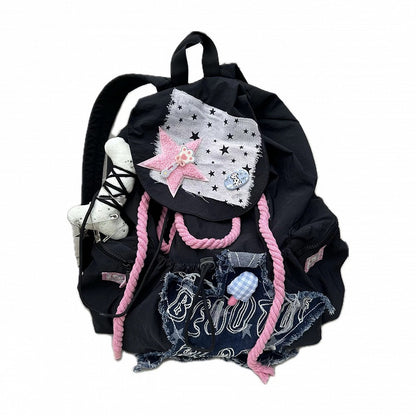 Black Backpack Preppy Drawstring Pink Frayed Applique Star Y2K with