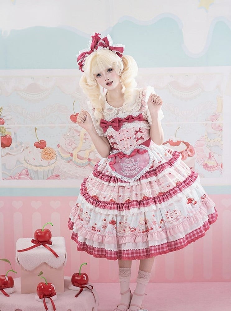 Pink Cherry Cake Print Sweet Lolita Dress with Layered Ruffles - Strawberry Fantasy