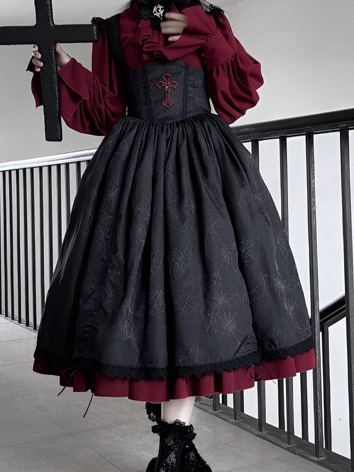 Drawstring Gothic with Dress Straps Shoulder Lace-Trimmed Waist Cross Black Embroidery Basque Lolita JSK and
