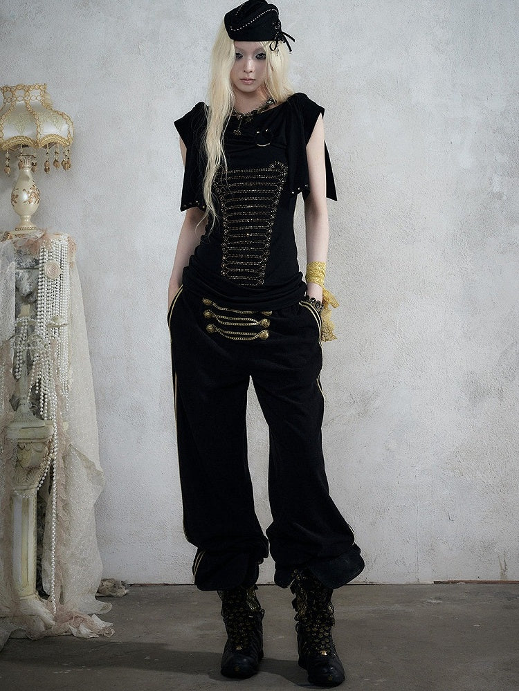 Black Knit Short-Sleeve Top with Rhinestone Design - NO ROMANCE
