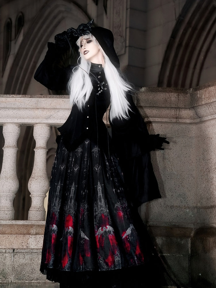 Black Angel Ruffled Pleat Box Gothic Skirt Red and Blouse Set Printed