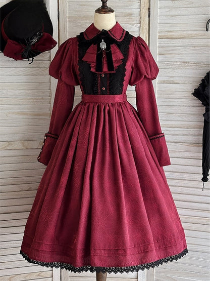 Juliette Red Dress Sleeves Pattern Spider Lace Trim and Black with Gothic Lolita Web