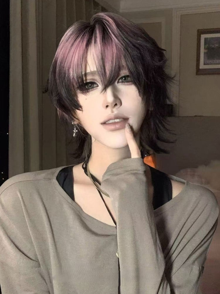 35CM Wig and Pink Highlight Length Hair Black Color Short Ouji