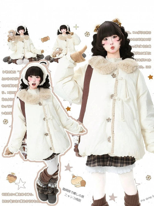 Kawaii Coat Plush and Beige Collar - Buttons Down Star Decorative Moon