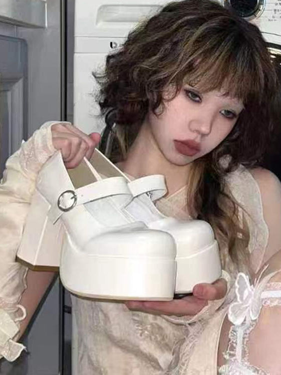 Weißer Block mit Mary Heel High Y2K PU Schnalle Schuhe Jane Bittersweet Leder Rund
