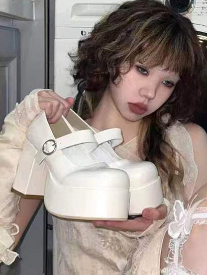 Weißer Block mit Mary Heel High Y2K PU Schnalle Schuhe Jane Bittersweet Leder Rund