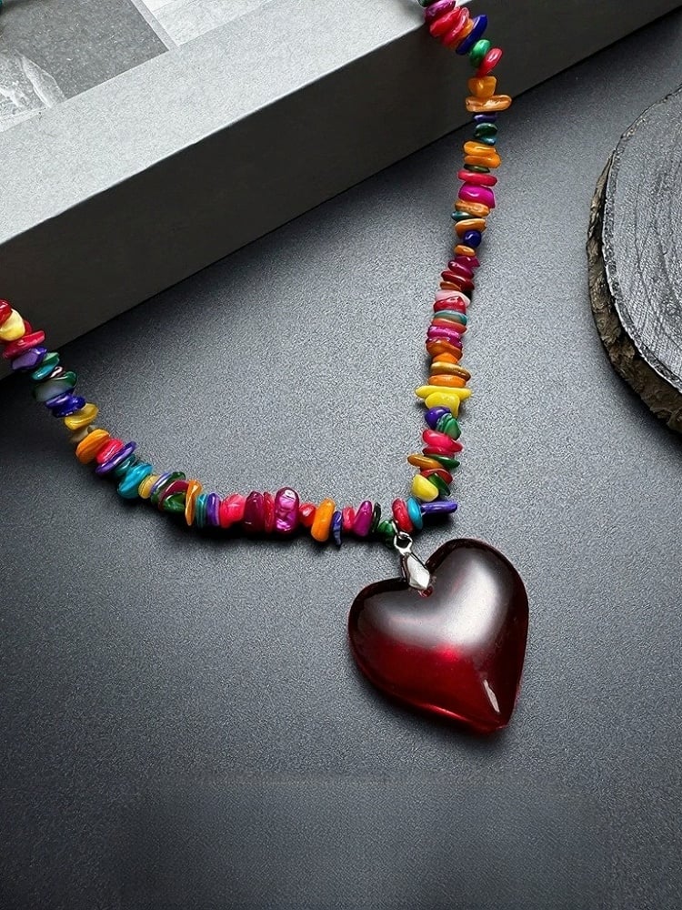 Y2K Multicolor Necklace with Red Heart Pendant - YSHXS