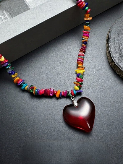 Y2K Multicolor Necklace with Red Heart Pendant - YSHXS