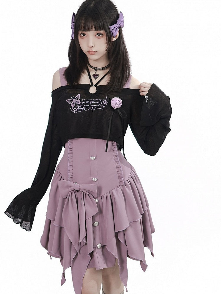 Purple Asymmetric Cami Dress with Ruffle & Bow - PINK SAVIOR