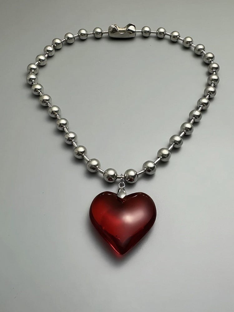 Ruby Heart Pendant Bead Necklace - YSHXS
