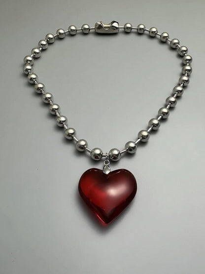Ruby Heart Pendant Bead Necklace - YSHXS