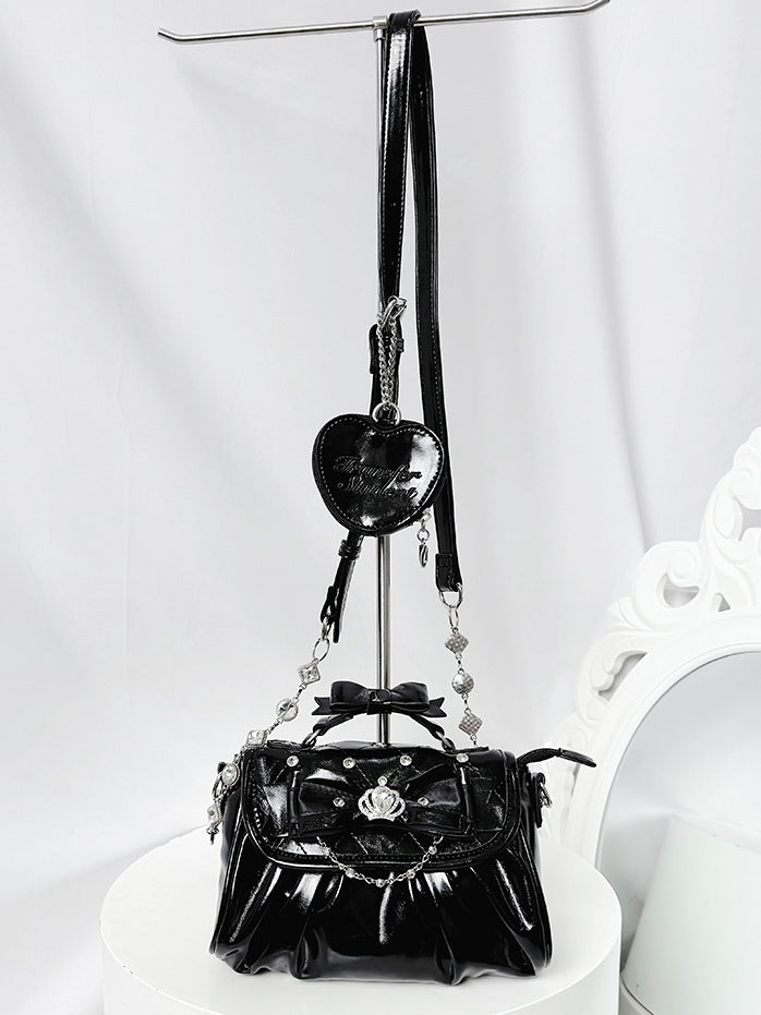 Bag Black with Bow Rhinestone - Jirai Crossbody Kei Interchangeable Crown Strap Heart