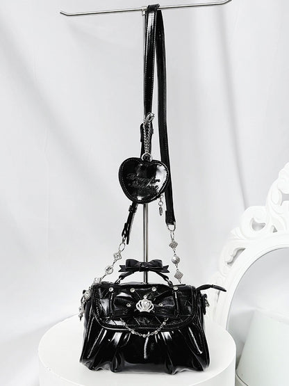 Bag Black with Bow Rhinestone - Jirai Crossbody Kei Interchangeable Crown Strap Heart