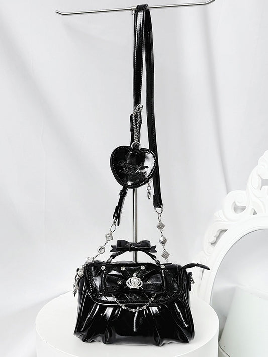 Bag Black with Bow Rhinestone - Jirai Crossbody Kei Interchangeable Crown Strap Heart