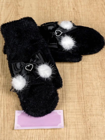 ジライケイ ミルクホワイト/ホワイト＆ピンク/ブラック リボンアクセント ニットグローブ