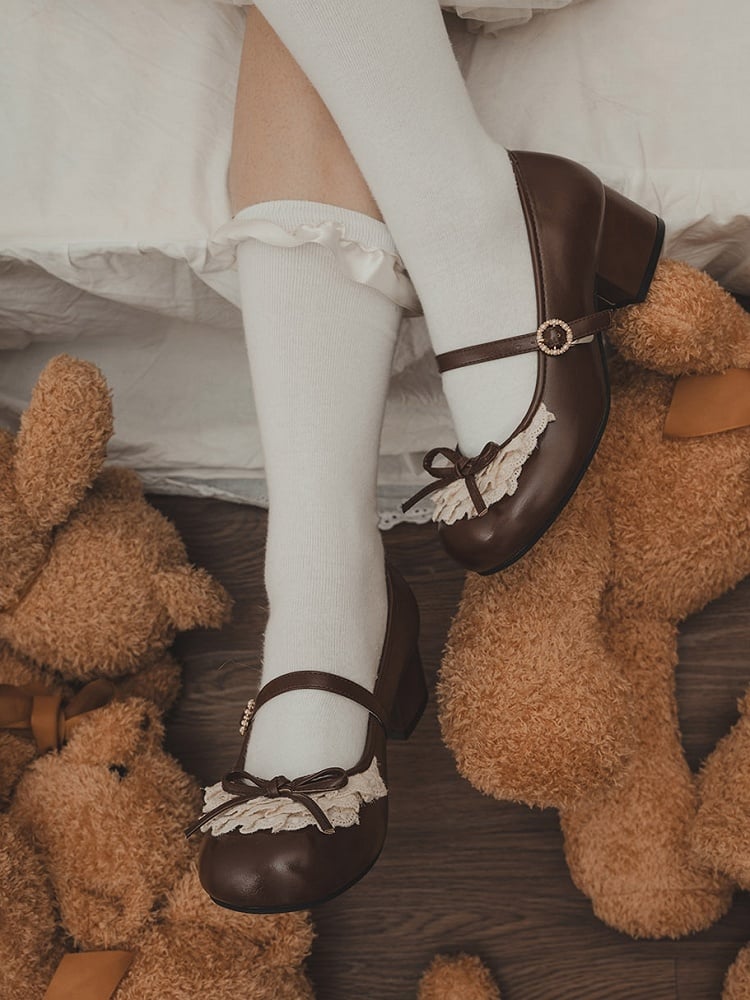 Knotted Accent Toe Round Janes Mary Chocolate Lace Heels Brown Bow Trim 2.2CM/4.3CM