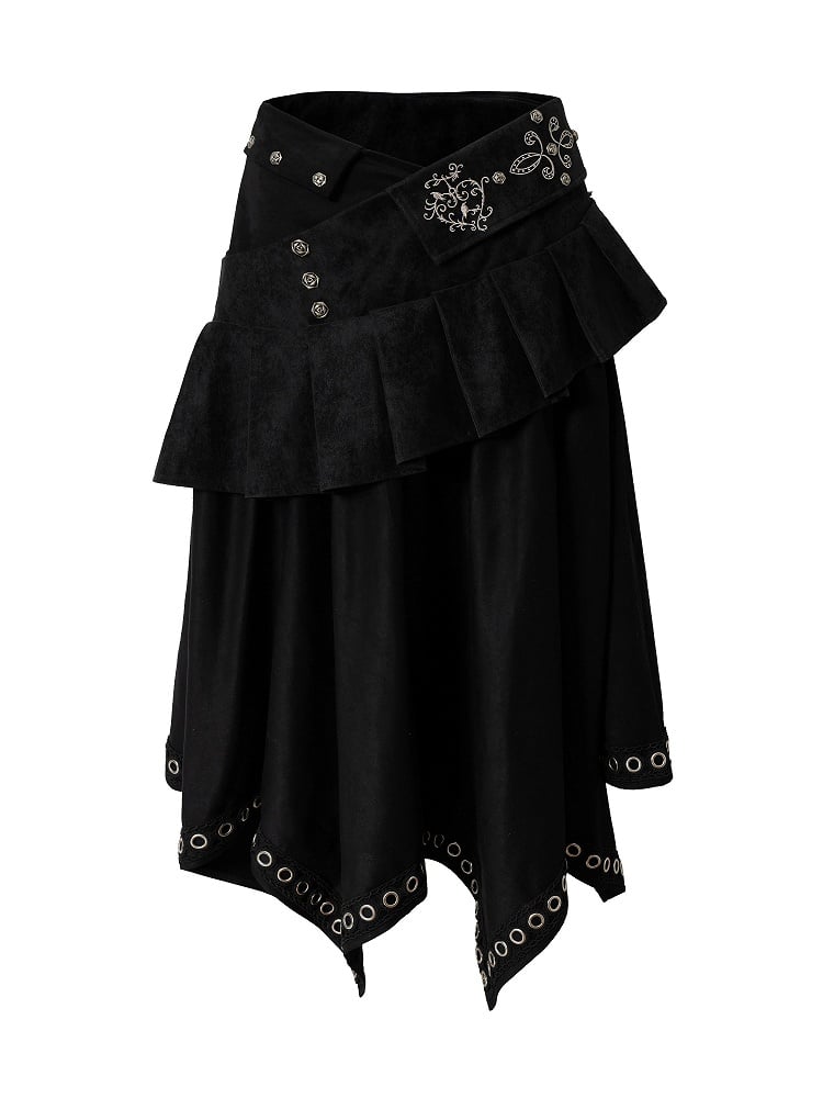 Black Asymmetrical Zipper Side Stud Skirt with 2-Way Grommet Rock Punk Accents Closure Tiered