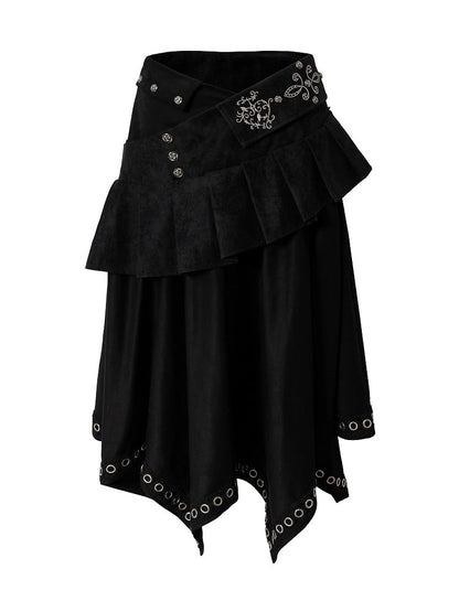 Black Asymmetrical Zipper Side Stud Skirt with 2-Way Grommet Rock Punk Accents Closure Tiered