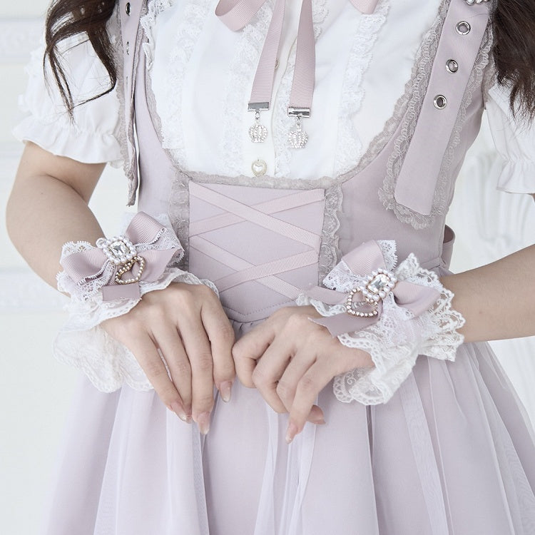 Schwarz-weiße Jirai Kei-Armmanschetten aus Spitze mit Schleife und Strass-Akzenten, Rosa/Weiß/