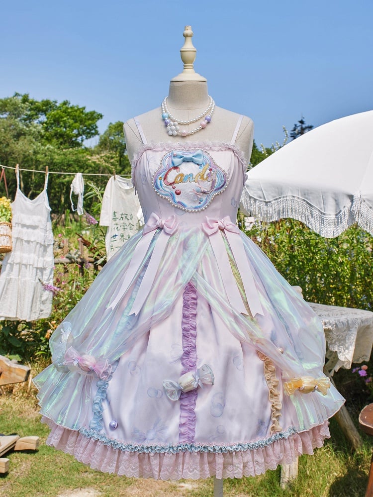 Mit Süßigkeiten verziertes lila Trägerkleid mit Perlen, süßes JSK und Lolita-Spaghetti-Licht