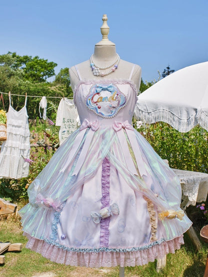 Mit Süßigkeiten verziertes lila Trägerkleid mit Perlen, süßes JSK und Lolita-Spaghetti-Licht