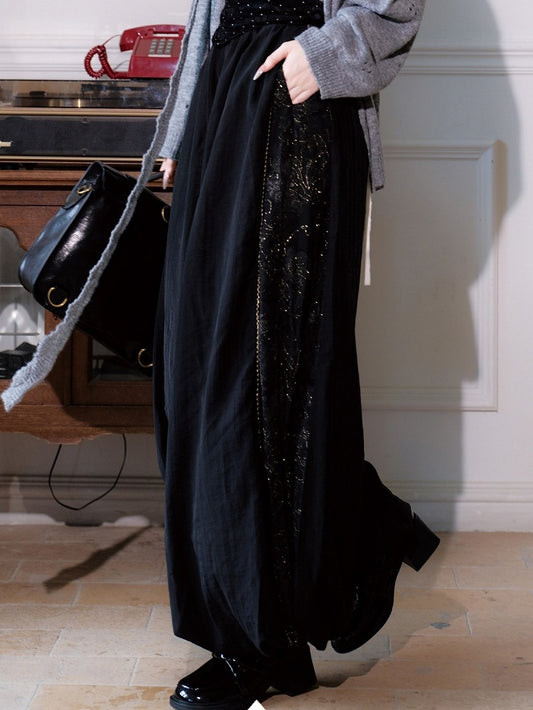 Chinese Style Black Silk Embroidered Lantern Pants with Elastic Waist - Luo Xiu Dong Xiang
