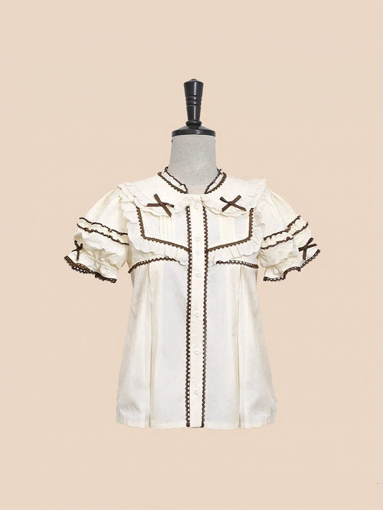 Cream Peter Pan Collar Lolita Ruffled Blouse with Brown Trim - Stars Fall on the Foggy Island