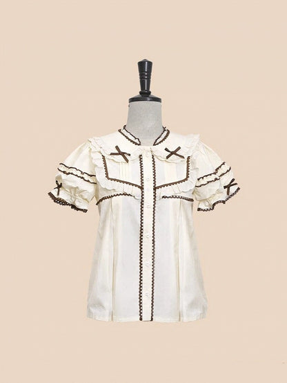 Cream Peter Pan Collar Lolita Ruffled Blouse with Brown Trim - Stars Fall on the Foggy Island