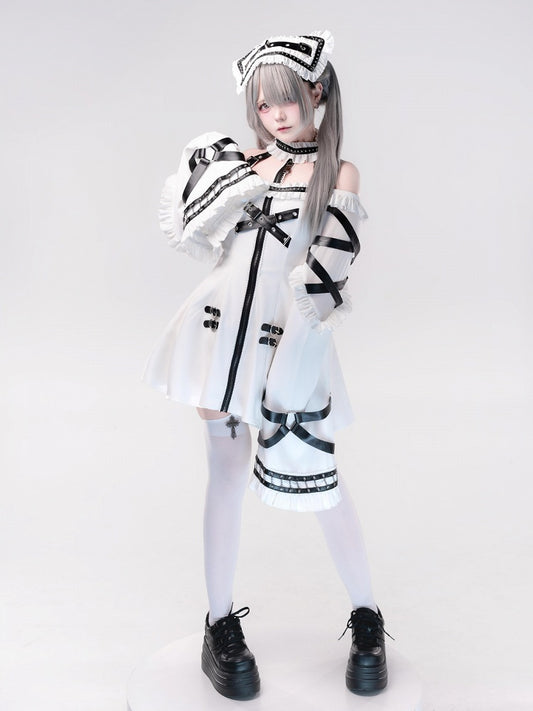 White Halter Flare Long-Sleeve Dress with Leather Straps & Shorts Set - Bunny Rush