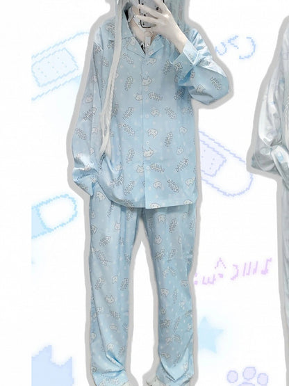 Set | Top Print Blue Pants Fishbone Loungewear Kitten