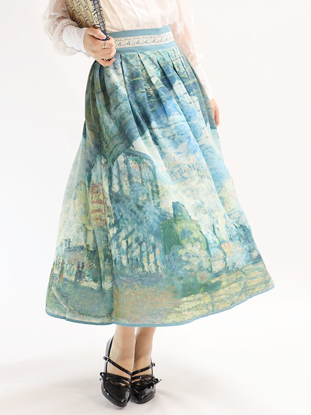 サン・ラザール油絵プリント グリーンウエストスカートバージョン ガレ ロング/ショート ハイ