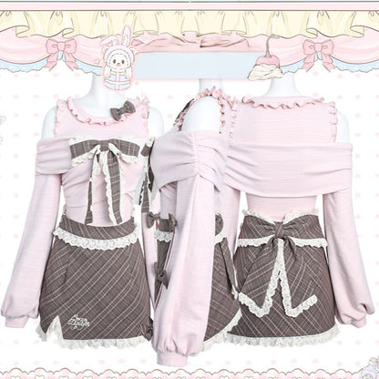 Bodycon Skirt Trim Lace Plaid Brown with Accents